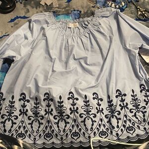 NWT Time and Tru Light Blue Blouse with Navy Embroidery
